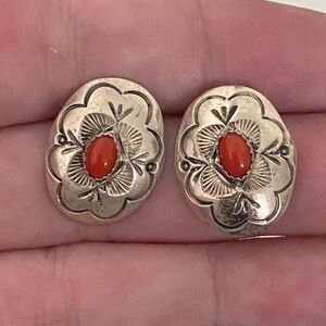Navajo Larry Sandoval Coral Oval Concho Sterling Silver Earrings